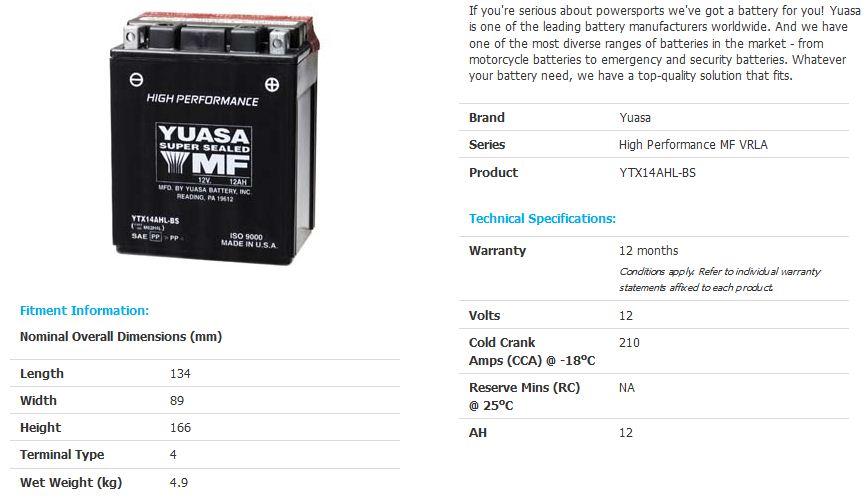 Yuasa YTX14AHL BS High Performance MF VRLA