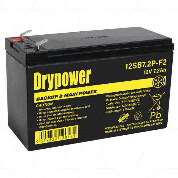 Drypower 12SB7.2PF2 12V 7.2Ah Sealed Lead Acid Battery for Home Alarms