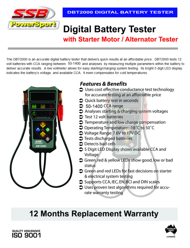 SSB DBT2000 Digital Battery Tester with Starter Motor/Alternator Tester