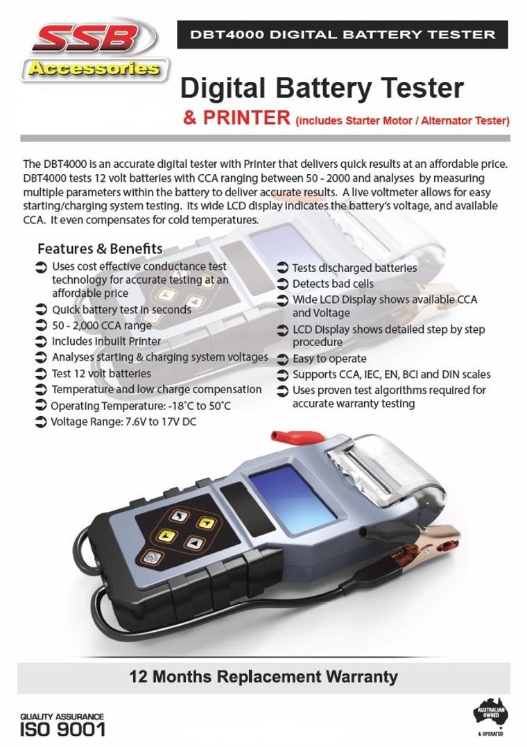 SSB DBT4000 Digital Battery Tester & Printer with Starter Motor/Alternator Tester
