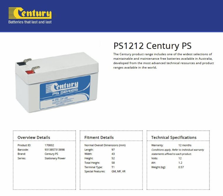 Century PS1212 12V 1.2Ah PS Series