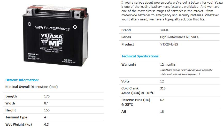 Yuasa Ytx20hl Bs High Performance Mf Vrla Batteries Direct 8911